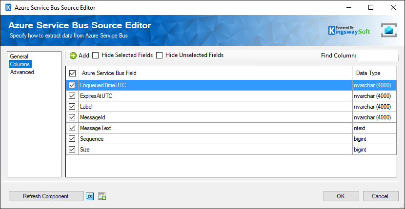 SSIS Azure Service Buse Source - columns